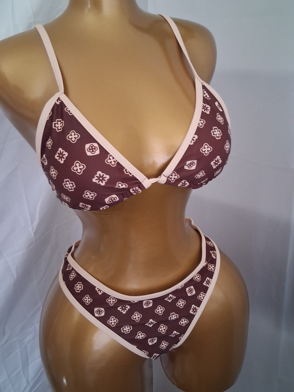 Brown Floral Print Bikini Set with Cream Trim
